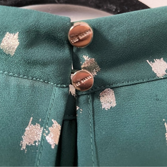 Ted Baker Jamiiee Puff Sleeve Foil Polka Dot Top Blouse Green Gold Size 5 Large - Picture 10 of 15